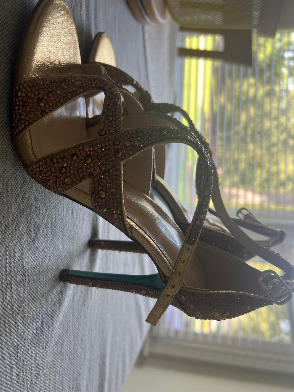 Betsey Johnson Gold Jeweled Strappy High Heel Sandals - Picture 3 of 4